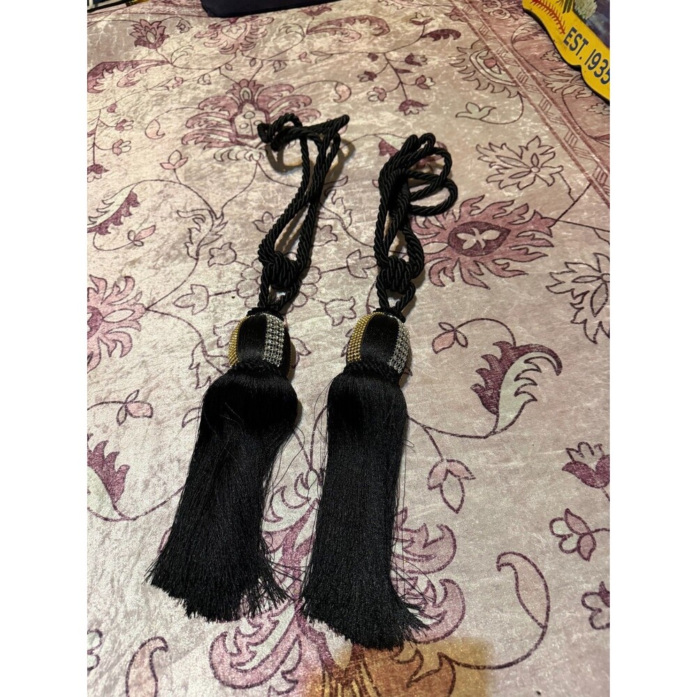 Bebe Glam SILKY ROPE TASSEL CURTAIN TIE BACKS Black Gold/Silver Rhinestones 2